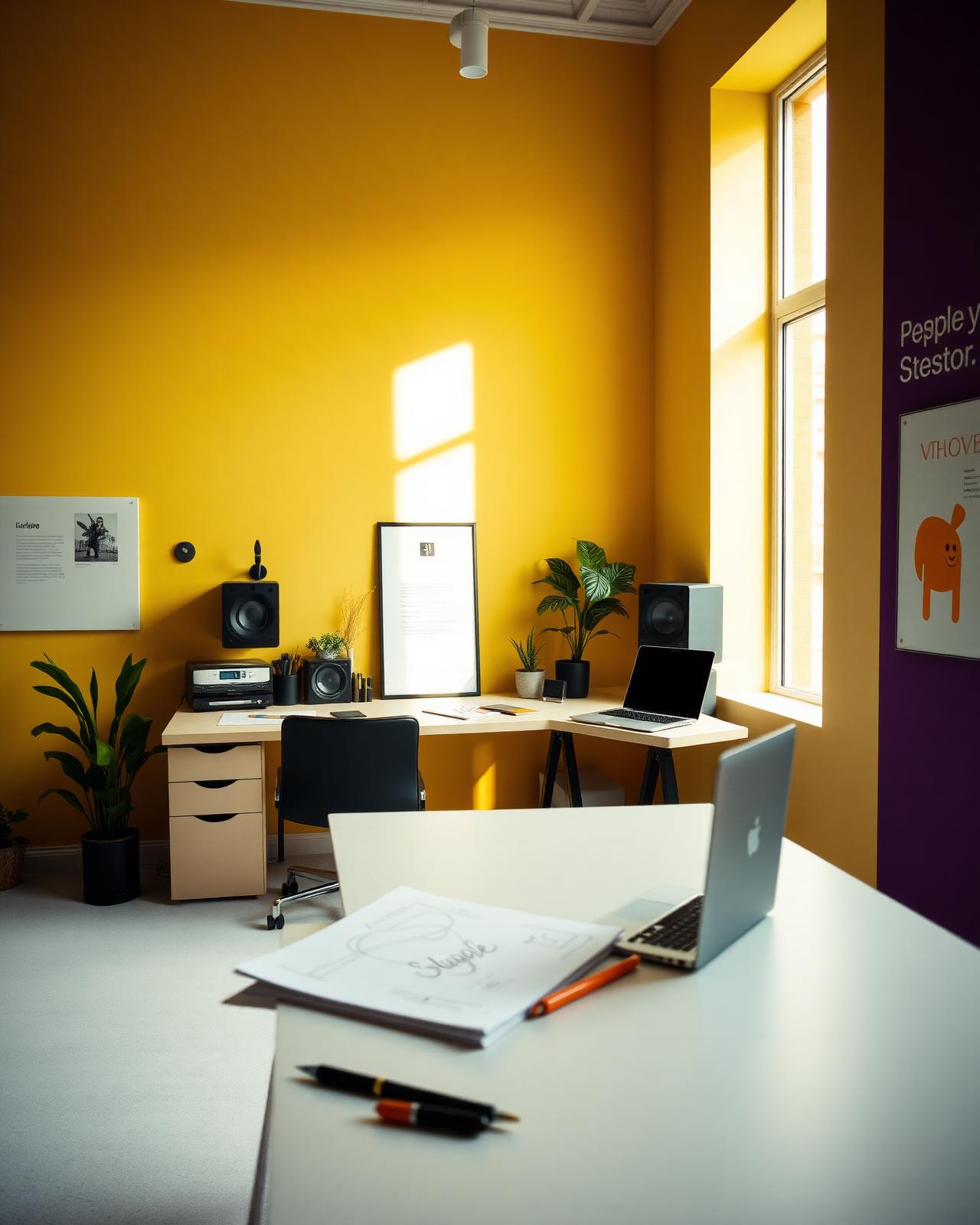 Tmedia workspace with warm yellow walls, natural light, and design prints